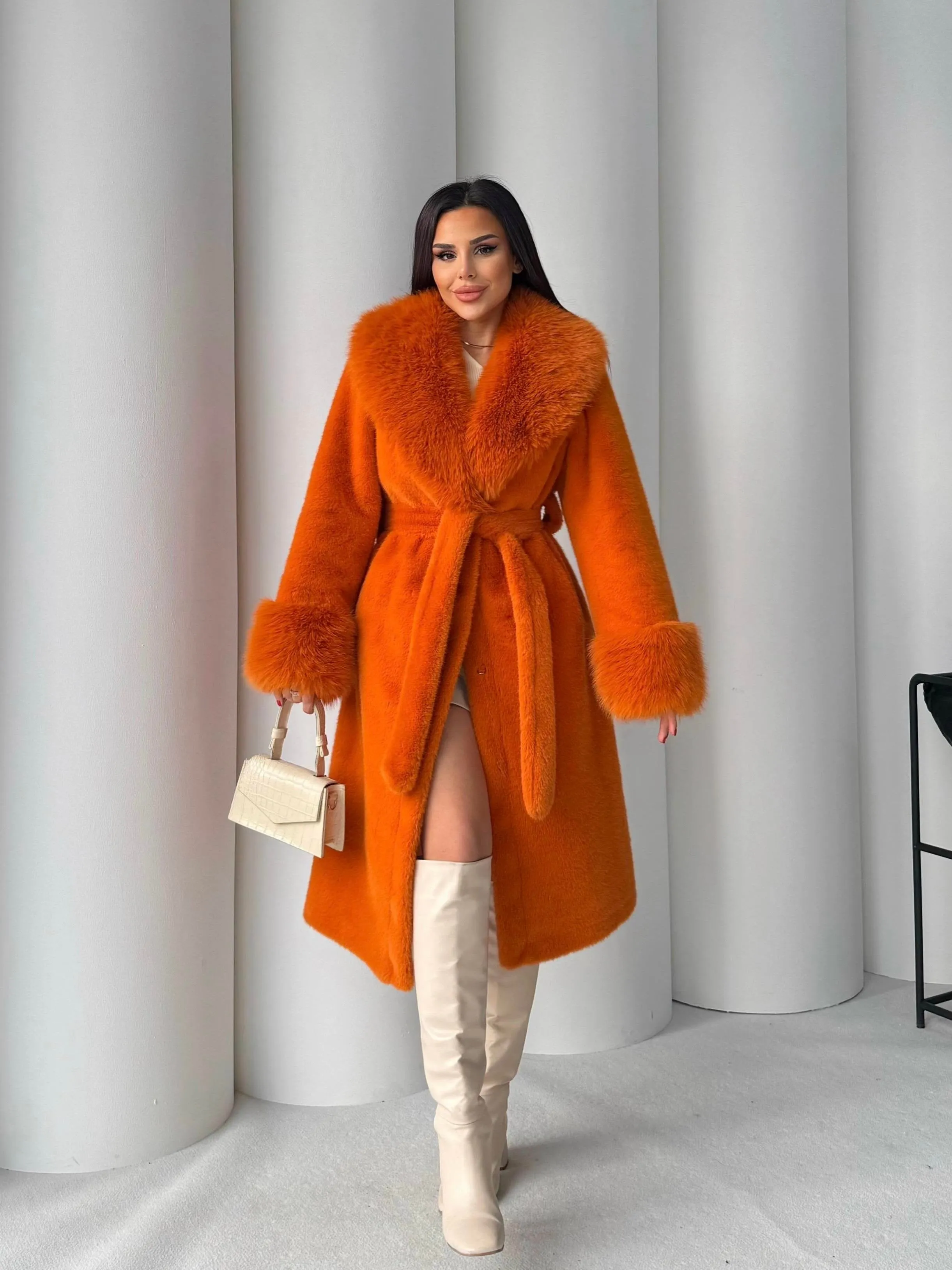 Women's Angora Long Fur Coat  Oversized Fit with Detachable Belt