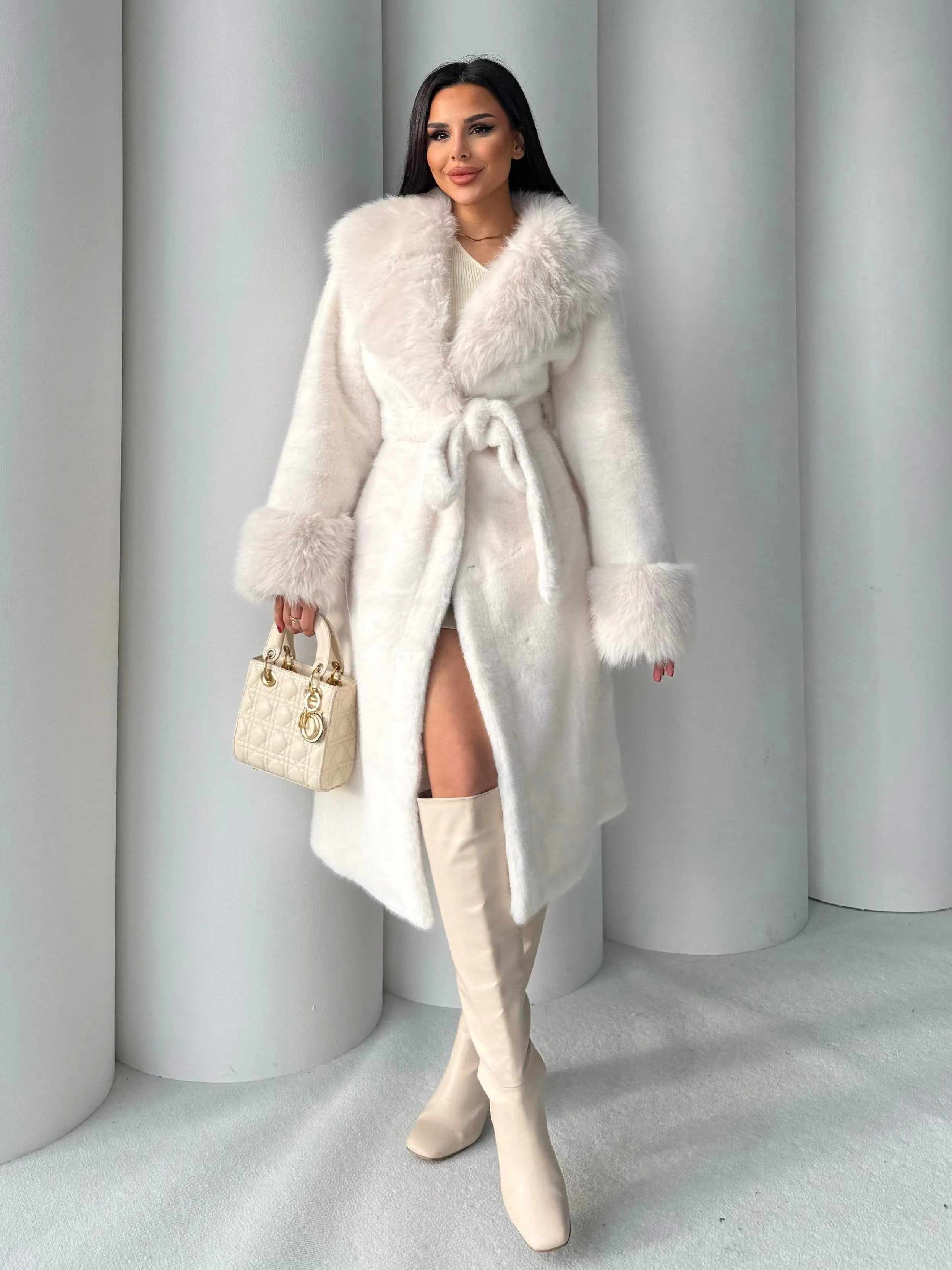 Women's Angora Long Fur Coat  Oversized Fit with Detachable Belt