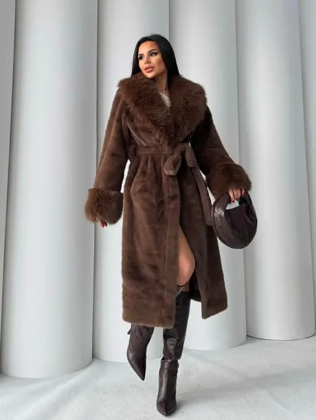 Women's Angora Long Fur Coat  Oversized Fit with Detachable Belt
