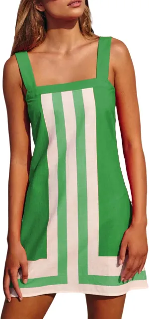 Womens Boho Mini Dress Summer Floral Square Neck Strap Sleeveless Dresses Casual Color Block Vacation Short Sundress