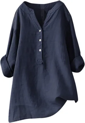 Womens Cotton Linen Shirts Solid Color 3/4 Sleeve Tunic Tops Oversized Tshirts for Women Casual V Neck Dressy Blouses
