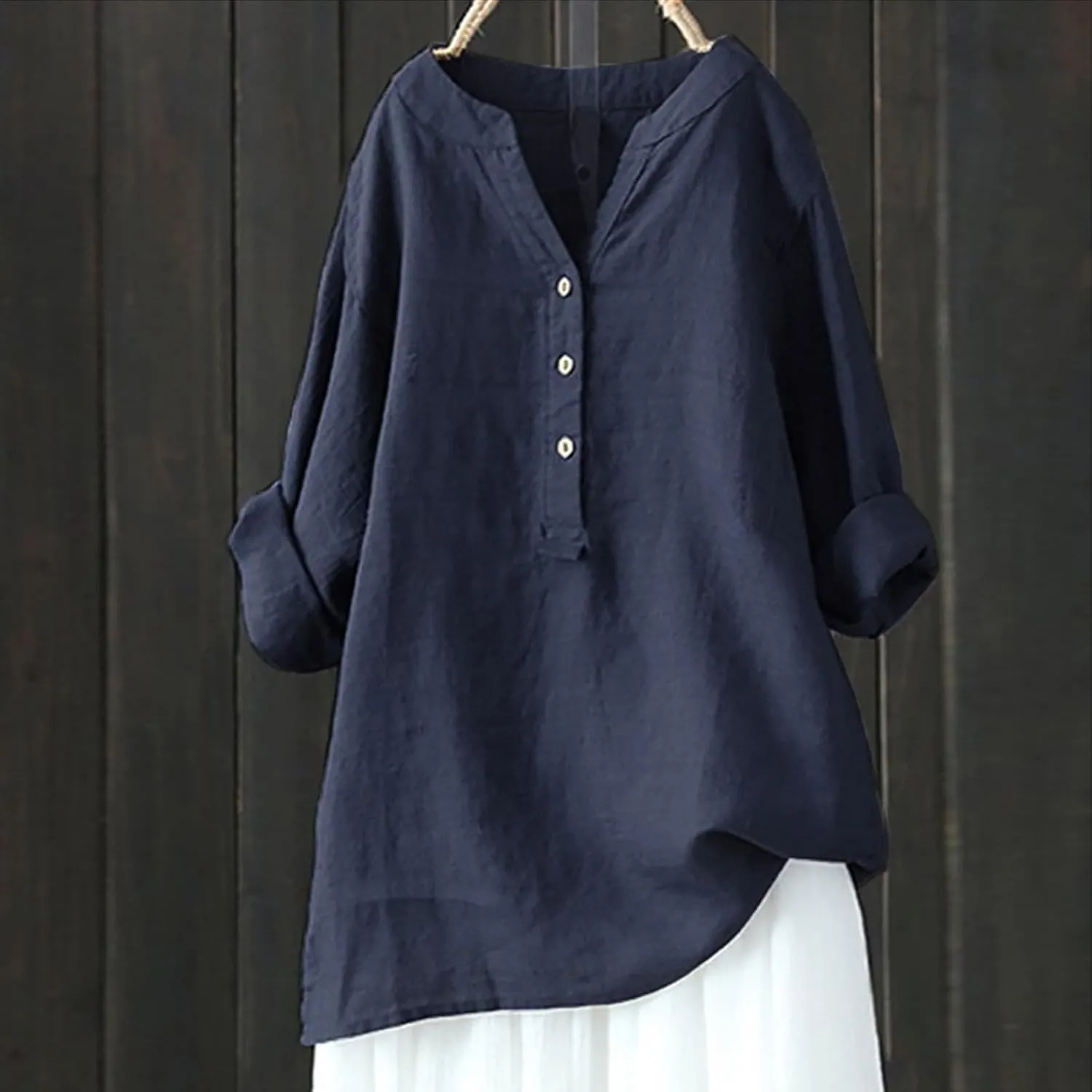 Womens Cotton Linen Shirts Solid Color 3/4 Sleeve Tunic Tops Oversized Tshirts for Women Casual V Neck Dressy Blouses
