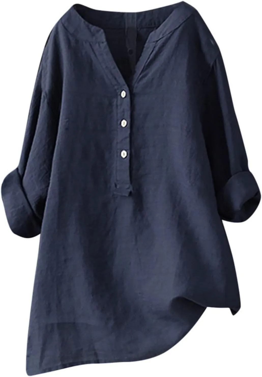 Womens Cotton Linen Shirts Solid Color 3/4 Sleeve Tunic Tops Oversized Tshirts for Women Casual V Neck Dressy Blouses