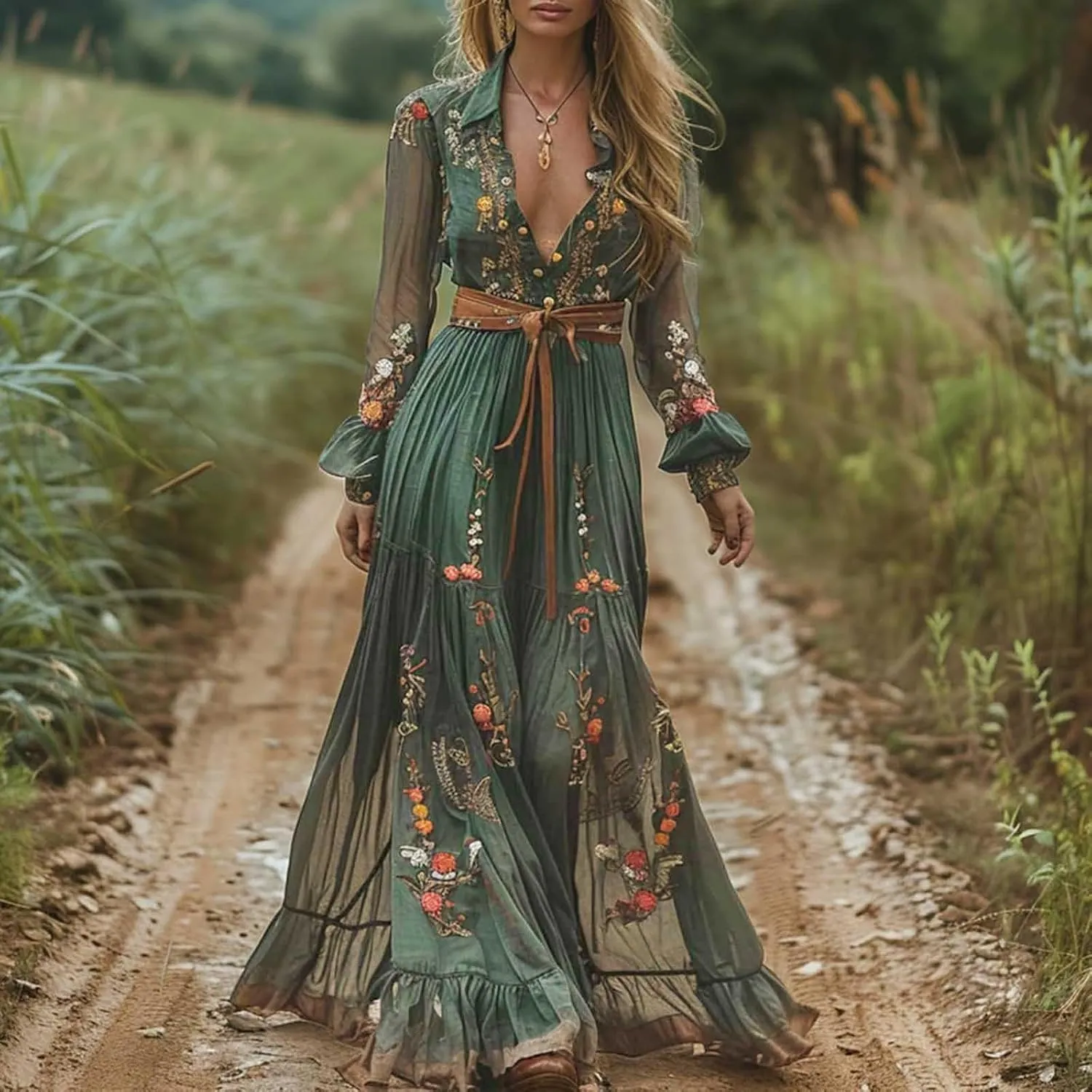 Women's Vintage Pastoral Flower Long Dress Sexy V-Neck Long Sleeve Western Dress Fall Casual Maxi Dress Holiday Dress