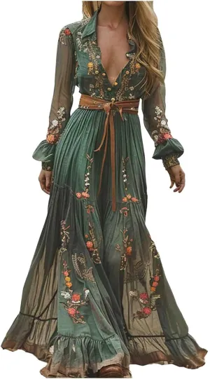 Women's Vintage Pastoral Flower Long Dress Sexy V-Neck Long Sleeve Western Dress Fall Casual Maxi Dress Holiday Dress