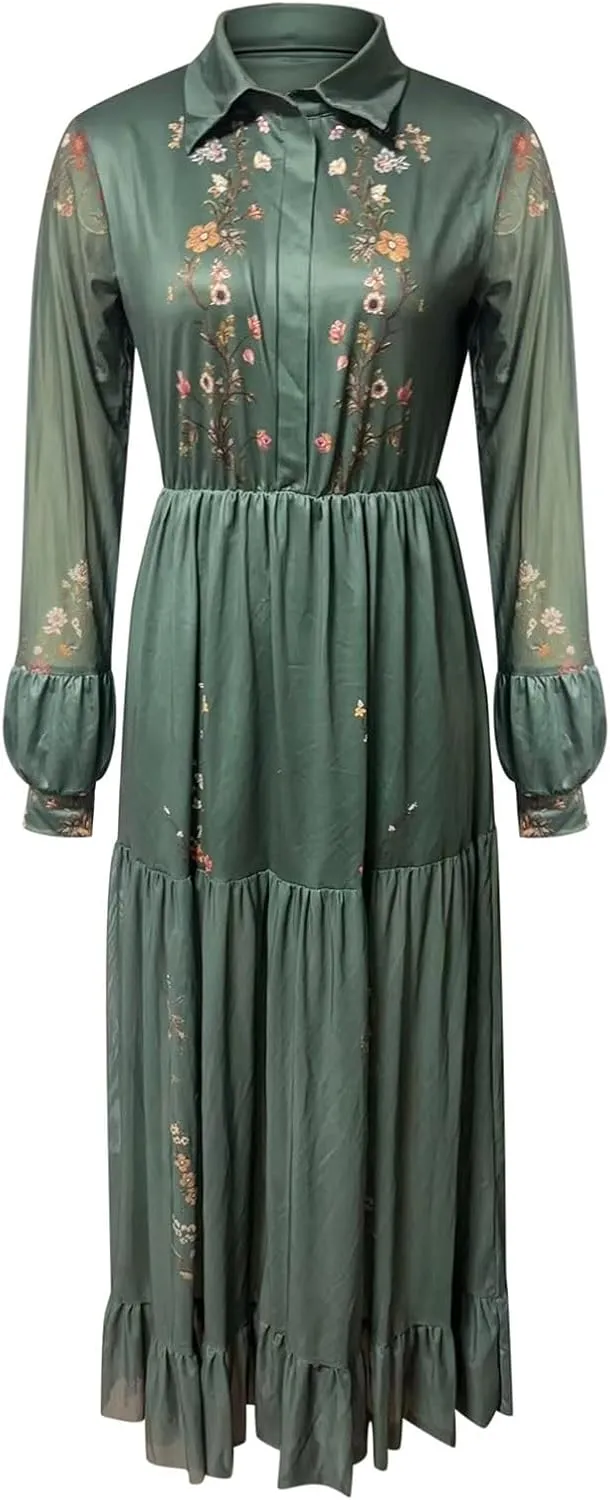 Women's Vintage Pastoral Flower Long Dress Sexy V-Neck Long Sleeve Western Dress Fall Casual Maxi Dress Holiday Dress