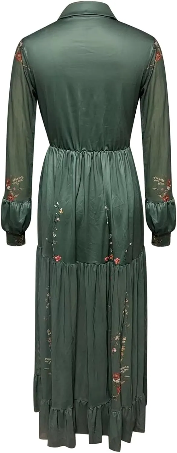 Women's Vintage Pastoral Flower Long Dress Sexy V-Neck Long Sleeve Western Dress Fall Casual Maxi Dress Holiday Dress