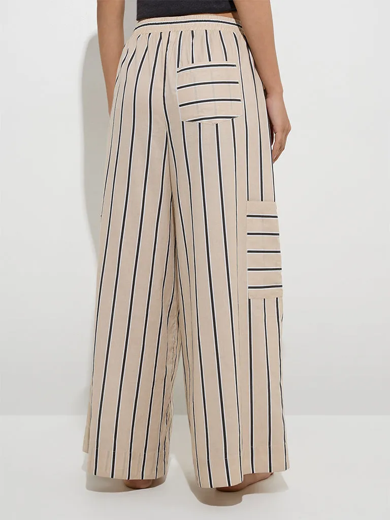 Wunderlove Beige Stripe Patterns Flared Cotton Lounge Pants