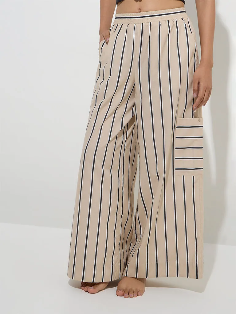Wunderlove Beige Stripe Patterns Flared Cotton Lounge Pants