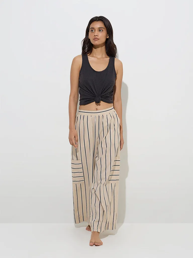 Wunderlove Beige Stripe Patterns Flared Cotton Lounge Pants